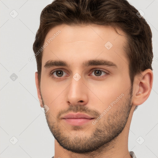 Neutral white young-adult male with short  brown hair and brown eyes