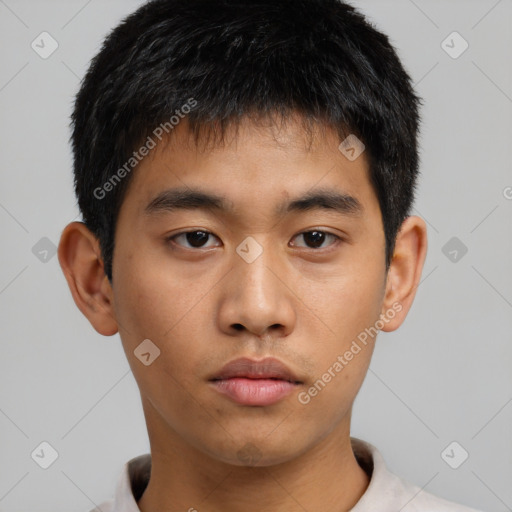 Neutral asian young-adult male with short  brown hair and brown eyes