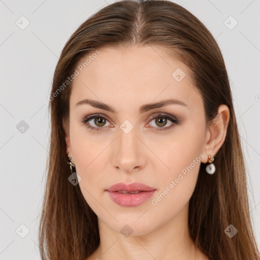 Neutral white young-adult female with long  brown hair and brown eyes