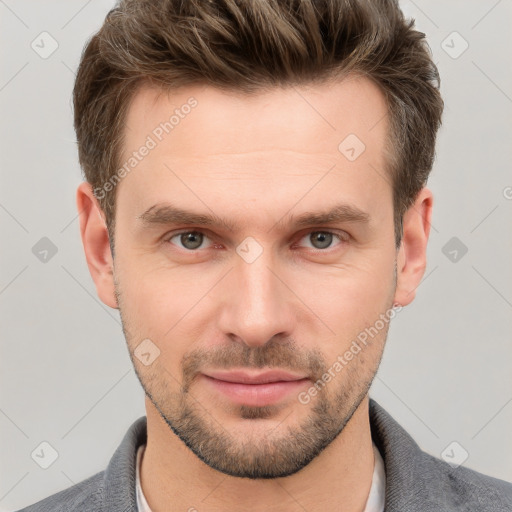 Neutral white young-adult male with short  brown hair and grey eyes