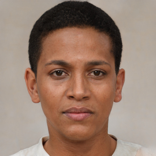 Neutral black young-adult female with short  brown hair and brown eyes