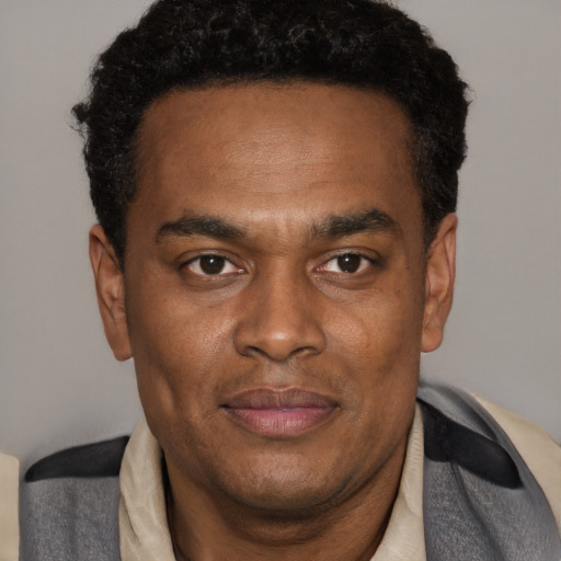 Joyful black young-adult male with short  black hair and brown eyes
