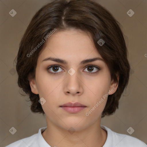 Neutral white young-adult female with medium  brown hair and brown eyes