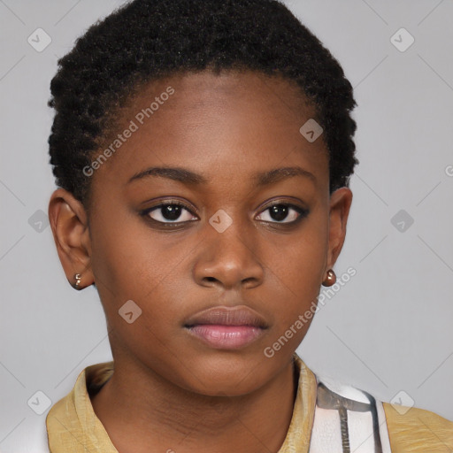 Neutral black young-adult female with short  brown hair and brown eyes