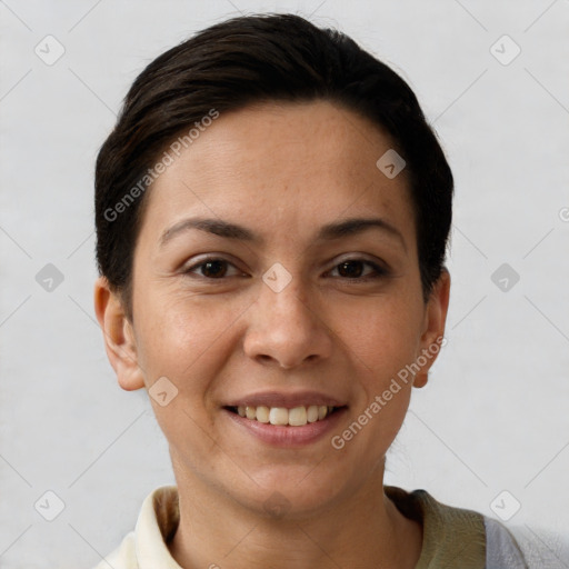 Joyful white young-adult female with short  brown hair and brown eyes