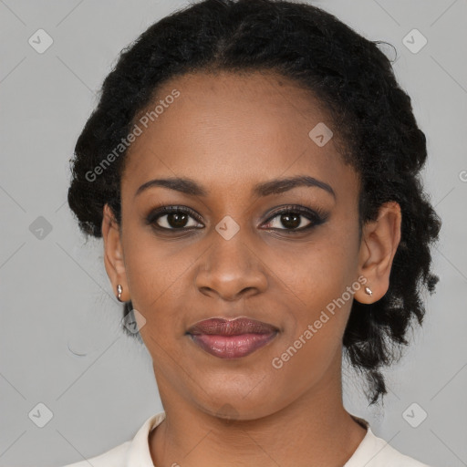 Joyful black young-adult female with medium  black hair and brown eyes