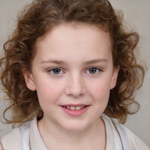 Joyful white child female with medium  brown hair and blue eyes