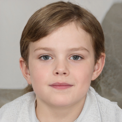 Joyful white child female with medium  brown hair and blue eyes