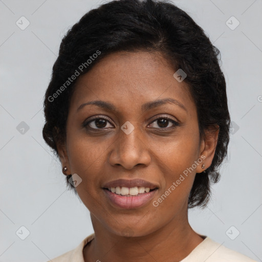Joyful black young-adult female with medium  brown hair and brown eyes