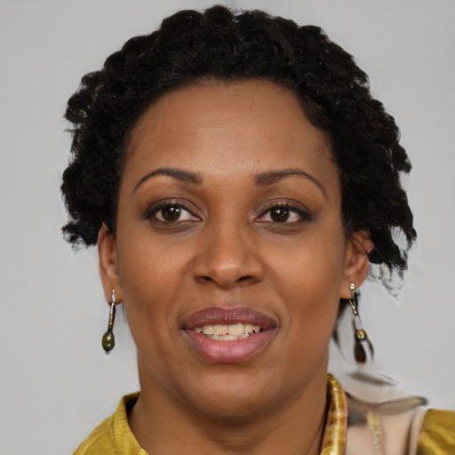 Joyful black adult female with short  brown hair and brown eyes