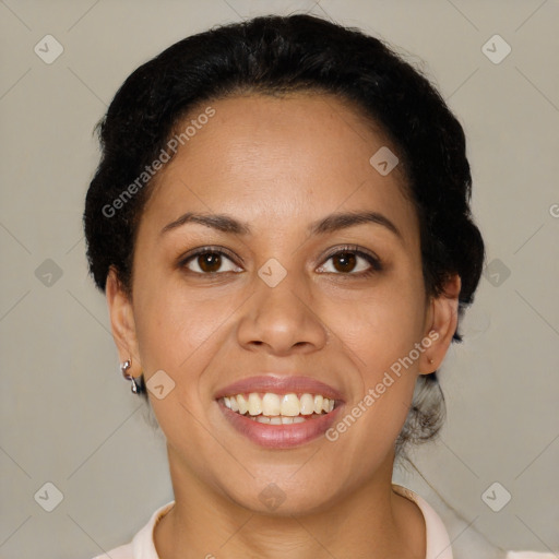 Joyful latino young-adult female with short  brown hair and brown eyes