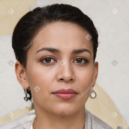 Joyful white young-adult female with short  brown hair and brown eyes