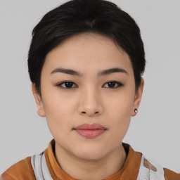 Neutral asian young-adult female with short  black hair and brown eyes