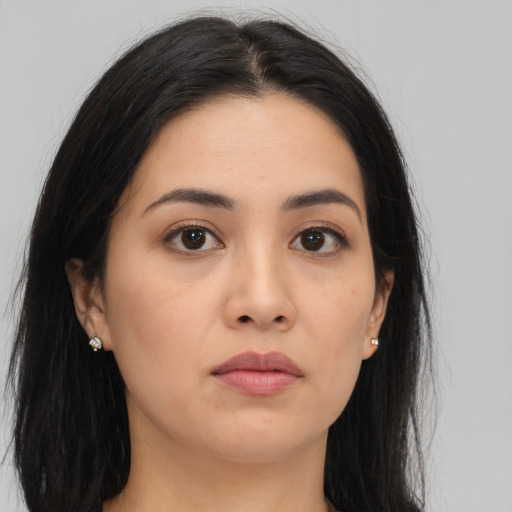 Neutral asian young-adult female with long  black hair and brown eyes