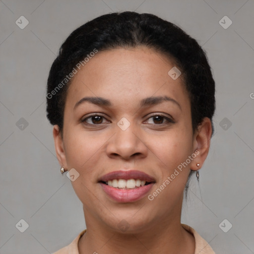 Joyful latino young-adult female with short  brown hair and brown eyes