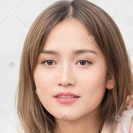 Neutral white young-adult female with long  brown hair and brown eyes