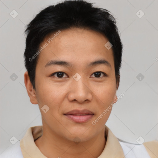 Joyful asian young-adult male with short  brown hair and brown eyes