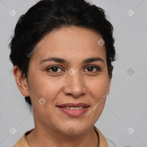 Joyful white adult female with short  brown hair and brown eyes