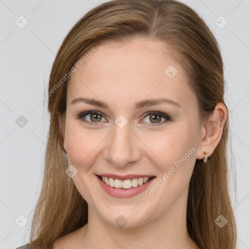 Joyful white young-adult female with long  brown hair and grey eyes