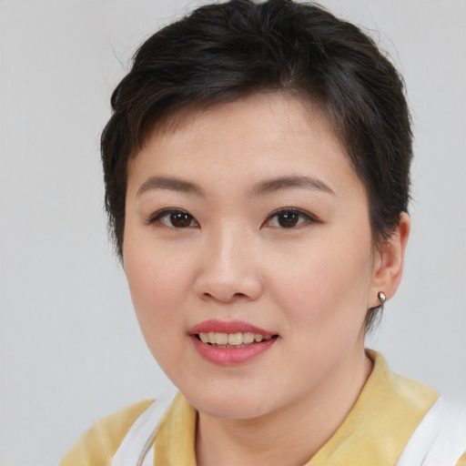 Joyful asian young-adult female with short  brown hair and brown eyes