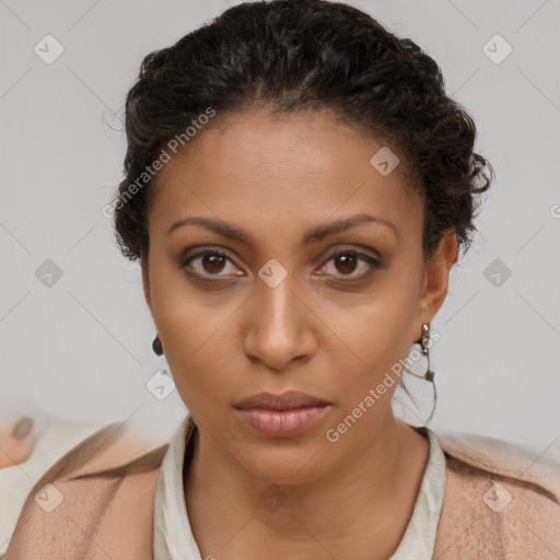 Neutral white young-adult female with short  brown hair and brown eyes