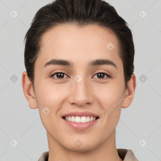 Joyful white young-adult female with short  brown hair and brown eyes