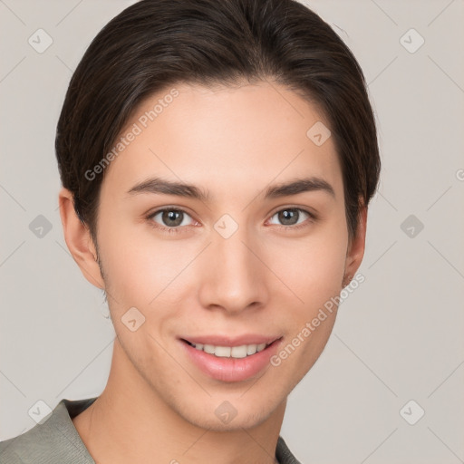 Joyful white young-adult female with short  brown hair and brown eyes