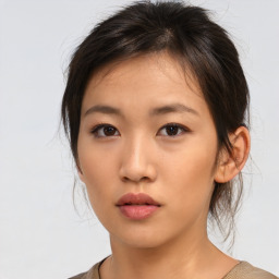 Neutral asian young-adult female with medium  brown hair and brown eyes