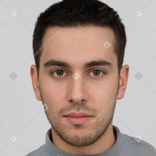 Neutral white young-adult male with short  brown hair and brown eyes