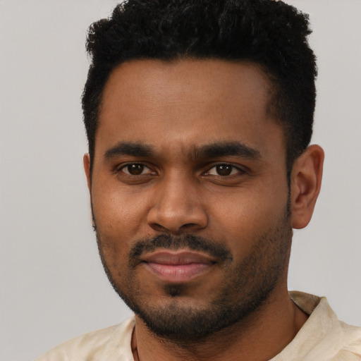 Neutral black young-adult male with short  black hair and brown eyes