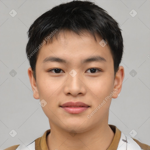 Joyful asian young-adult male with short  brown hair and brown eyes