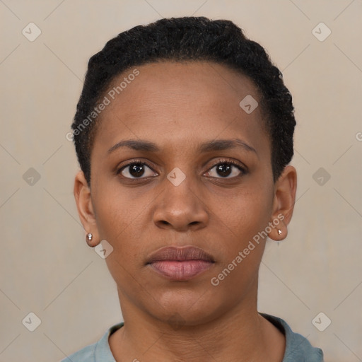 Neutral black young-adult female with short  black hair and brown eyes