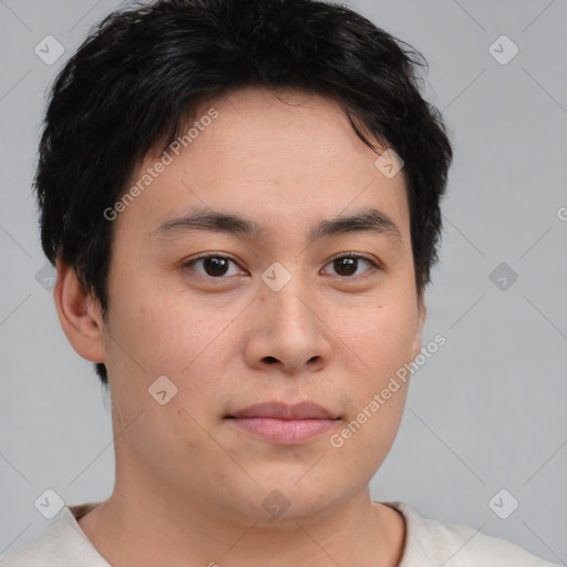 Neutral asian young-adult male with short  brown hair and brown eyes