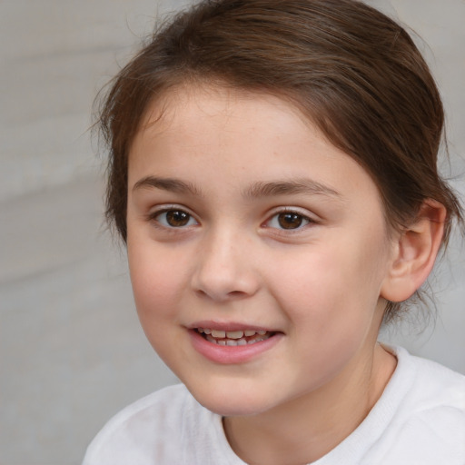 Joyful white child female with medium  brown hair and brown eyes