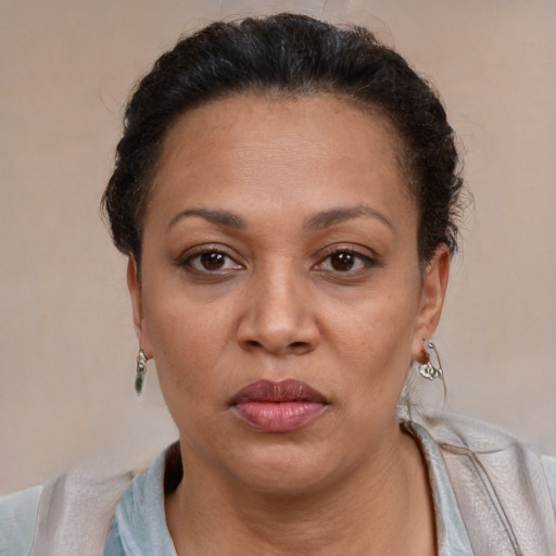 Joyful latino adult female with short  brown hair and brown eyes