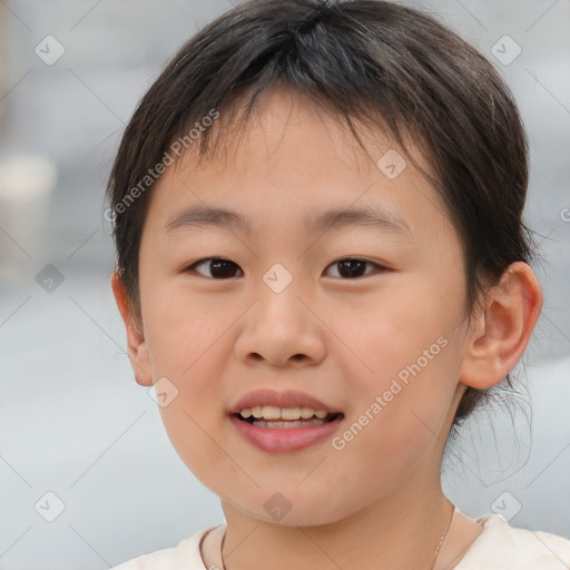 Joyful white child female with short  brown hair and brown eyes