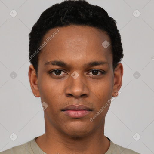 Neutral black young-adult male with short  black hair and brown eyes