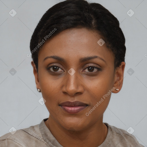 Joyful latino young-adult female with short  black hair and brown eyes