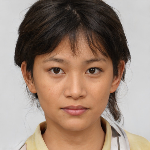 Neutral asian young-adult female with medium  brown hair and brown eyes