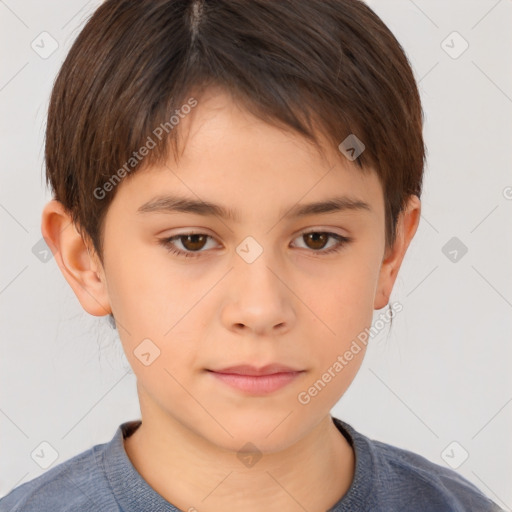 Joyful white child male with short  brown hair and brown eyes