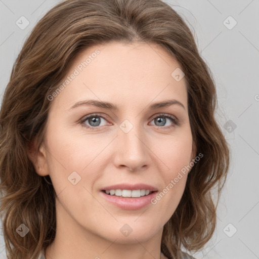 Joyful white young-adult female with medium  brown hair and green eyes