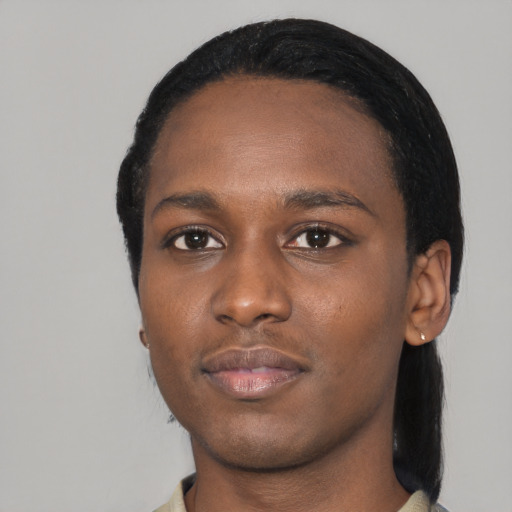 Neutral black young-adult female with medium  black hair and brown eyes