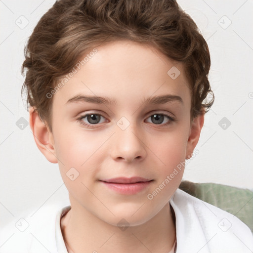 Joyful white child female with short  brown hair and brown eyes