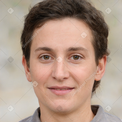 Joyful white adult female with short  brown hair and brown eyes