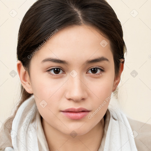 Neutral white young-adult female with medium  brown hair and brown eyes