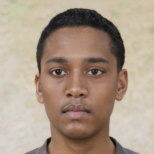 Neutral black young-adult male with short  black hair and brown eyes