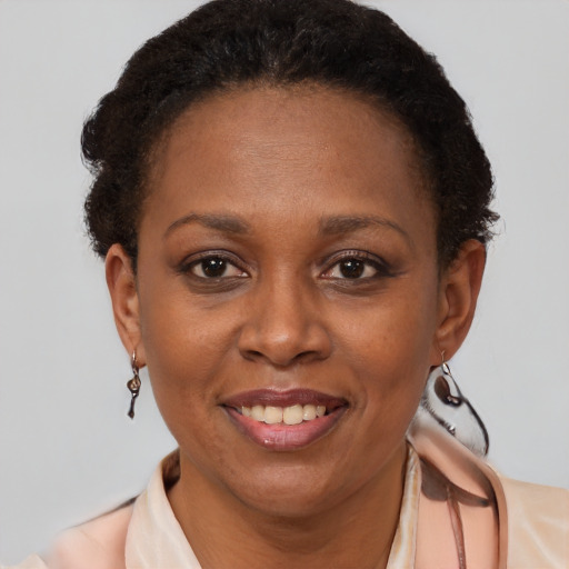 Joyful black adult female with short  brown hair and brown eyes