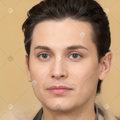 Neutral white young-adult male with short  brown hair and brown eyes