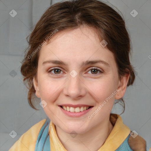 Joyful white young-adult female with medium  brown hair and blue eyes