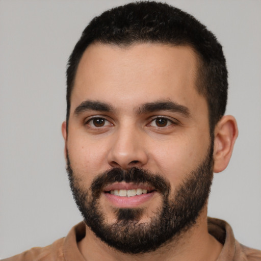 Neutral latino young-adult male with short  black hair and brown eyes
